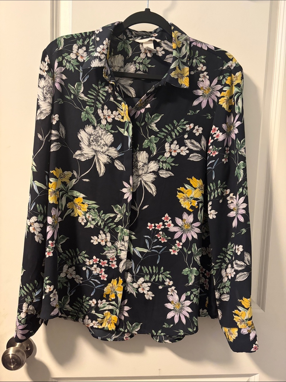 H&M Black Floral Button-Down Blouse with Yellow, Pink & White Flowers